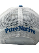 "PureNative" embroidered in blue on white nylon mesh on the back of the snapback hat.