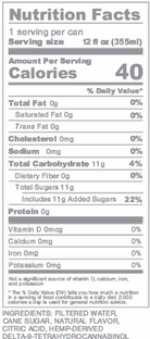 A Nutrition Facts label for a canned beverage product, showing serving size 12 fl oz (355ml), calories, nutrients, and ingredients on a white background.