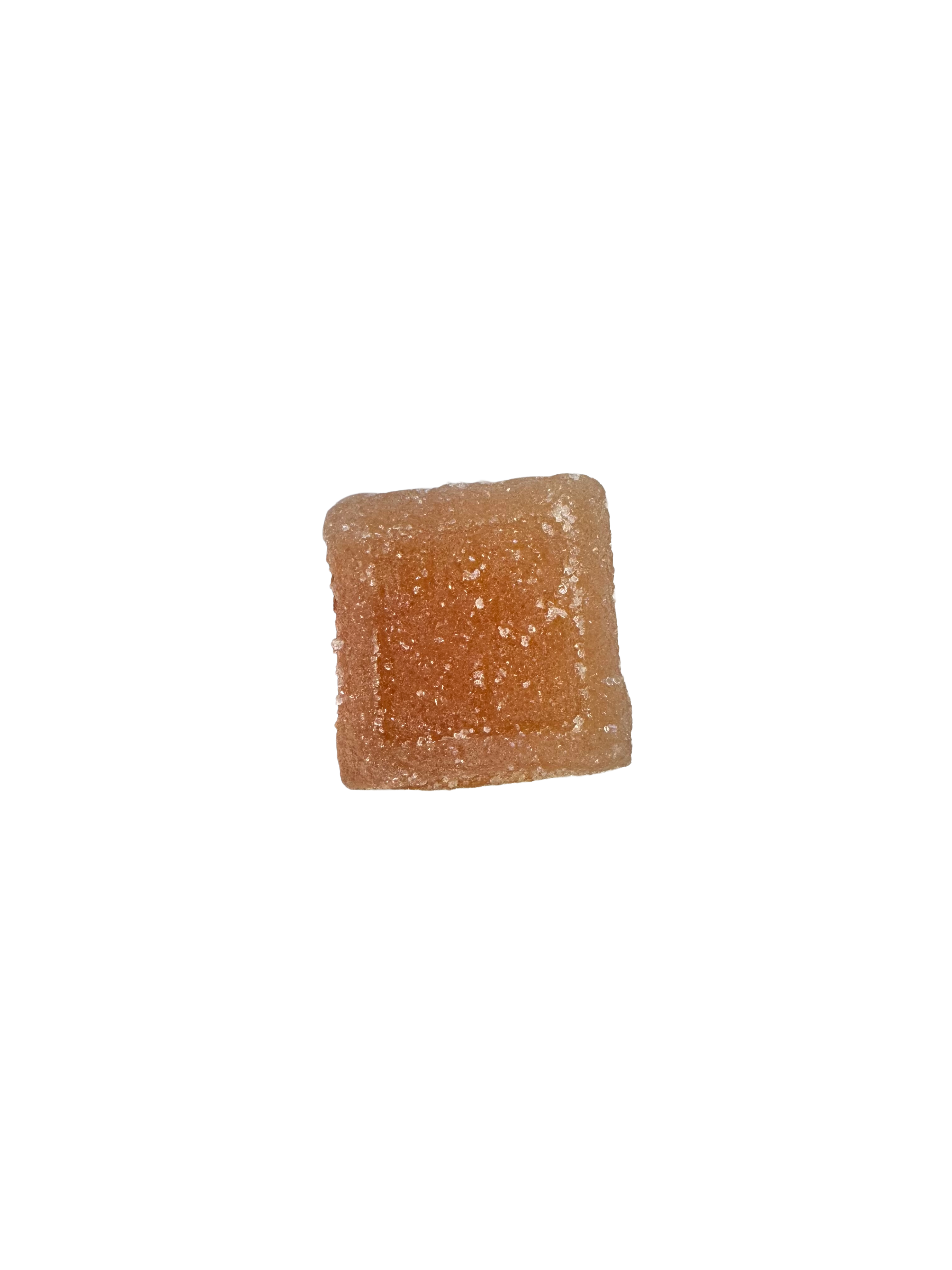 A single square, sugar-coated gummy piece on a solid white background.
