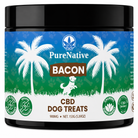 PureNative CBD Dog Treats in a black plastic tub with a colorful label featuring a blue-to-green gradient, white palm trees, and the word 'BACON' in a brown box.