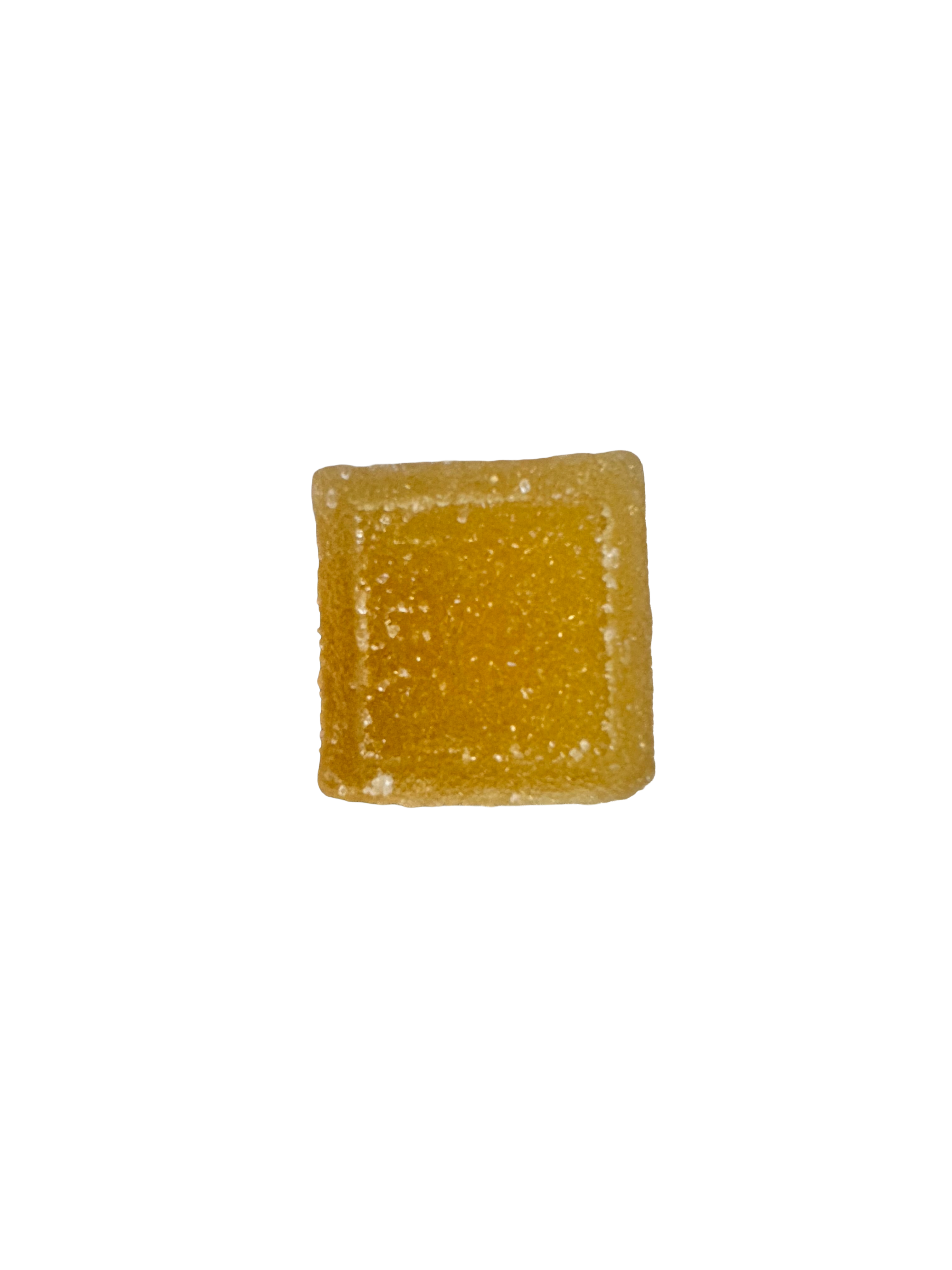 A single square, sugar-dusted gummy candy in a translucent amber-yellow color, isolated on a solid white background.