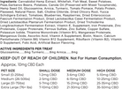 A black text block on a white background listing ingredients, dosage information, and pet size/weight categories for a CBD product.