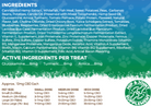 A green and white informational graphic detailing the ingredients and dosing information for a CBD pet product. The top section lists various CBD-rich ingredients like hemp extract, whitefish, sweet potatoes, and peas, followed by a section highlighting active ingredients per treat.