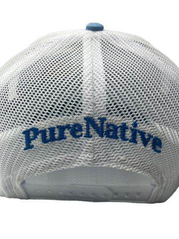 "PureNative" embroidered in blue on white nylon mesh on the back of the snapback hat.