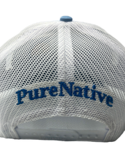 "PureNative" embroidered in blue on white nylon mesh on the back of the snapback hat.