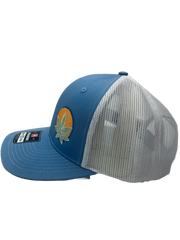 Richardson hat with columbia blue and white nylon mesh back.