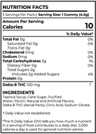 A Nutrition Facts label for a gummy product showing serving size, calories, nutrients, and ingredients. The label reads 'DELTA-8 THC 100 mg' and lists flavor components including water, pectin, and citric acid.