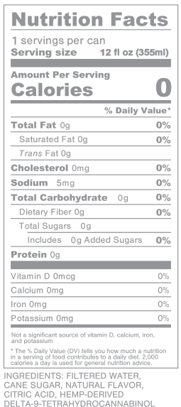 A Nutrition Facts label for a canned beverage, showing serving size 12 fl oz, calories, and a list of nutrients with 0% daily value. Ingredients at the bottom include filtered water, cane sugar, natural flavor, citric acid, and hemp-derived olive oil.