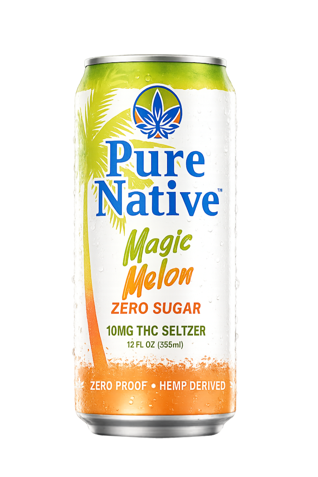 A 12 fl oz can of Pure Native Magic Melon Zero Sugar 10mg THC Seltzer, featuring a white label with blue and orange text, a green and yellow gradient top, and a palm tree graphic on a white background.