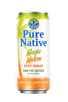 A 12 fl oz can of Pure Native Magic Melon Zero Sugar 10mg THC Seltzer, featuring a white label with blue and orange text, a green and yellow gradient top, and a palm tree graphic on a white background.