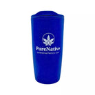 A royal blue tumbler with double wall construction featuring a snap-on, spill-resistant thumb-slide lid. The tumbler has a white logo with the text 'PureNative' and a website address.
