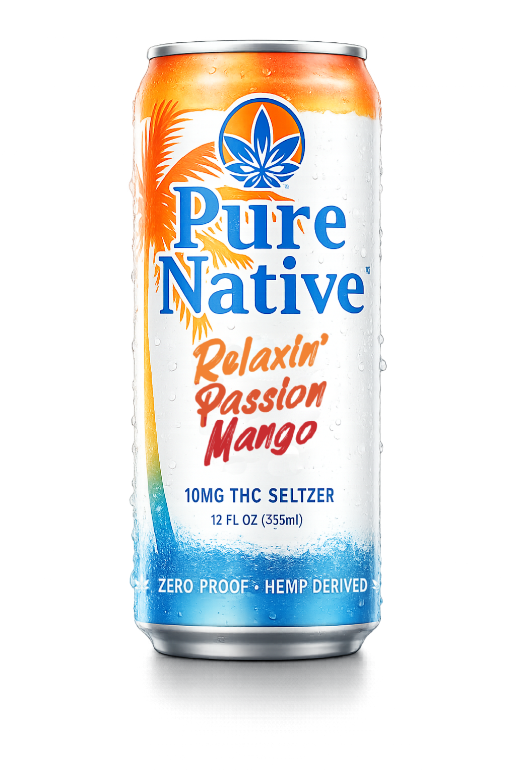 A 12 fl oz can of Pure Native Relaxin' Passion Mango 10mg THC Seltzer, featuring a white can with blue and orange graphics, a palm tree, and a blue cannabis leaf logo, shown on a white background with a soft shadow.