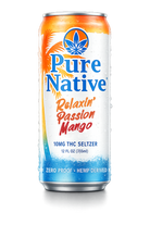 A 12 fl oz can of Pure Native Relaxin' Passion Mango 10mg THC Seltzer, featuring a white can with blue and orange graphics, a palm tree, and a blue cannabis leaf logo, shown on a white background with a soft shadow.