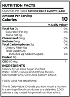 A Nutrition Facts label for a gummy product showing serving size, calories, nutrients, and ingredients. The label reads 'CBD 50 mg' and lists ingredients including tapioca syrup, cane sugar, purified water, pectin, natural and artificial flavors, citric acid, and sodium citrate.