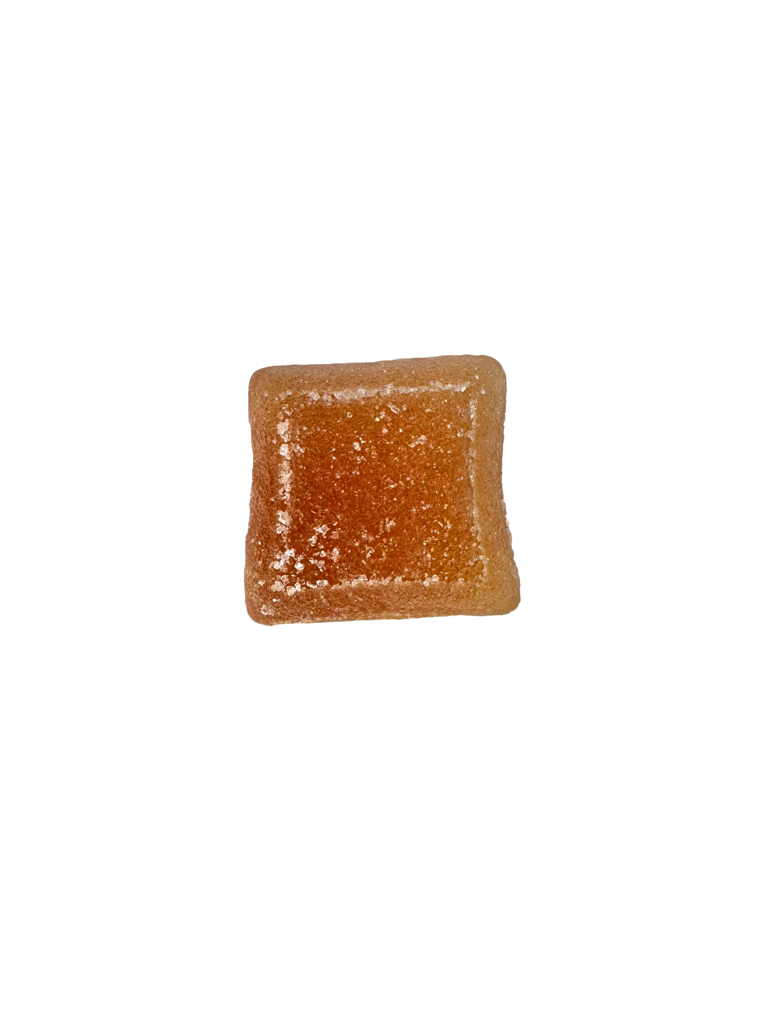 A single square gummy piece with a frosted, sugar-coated surface, centered on a plain white background.