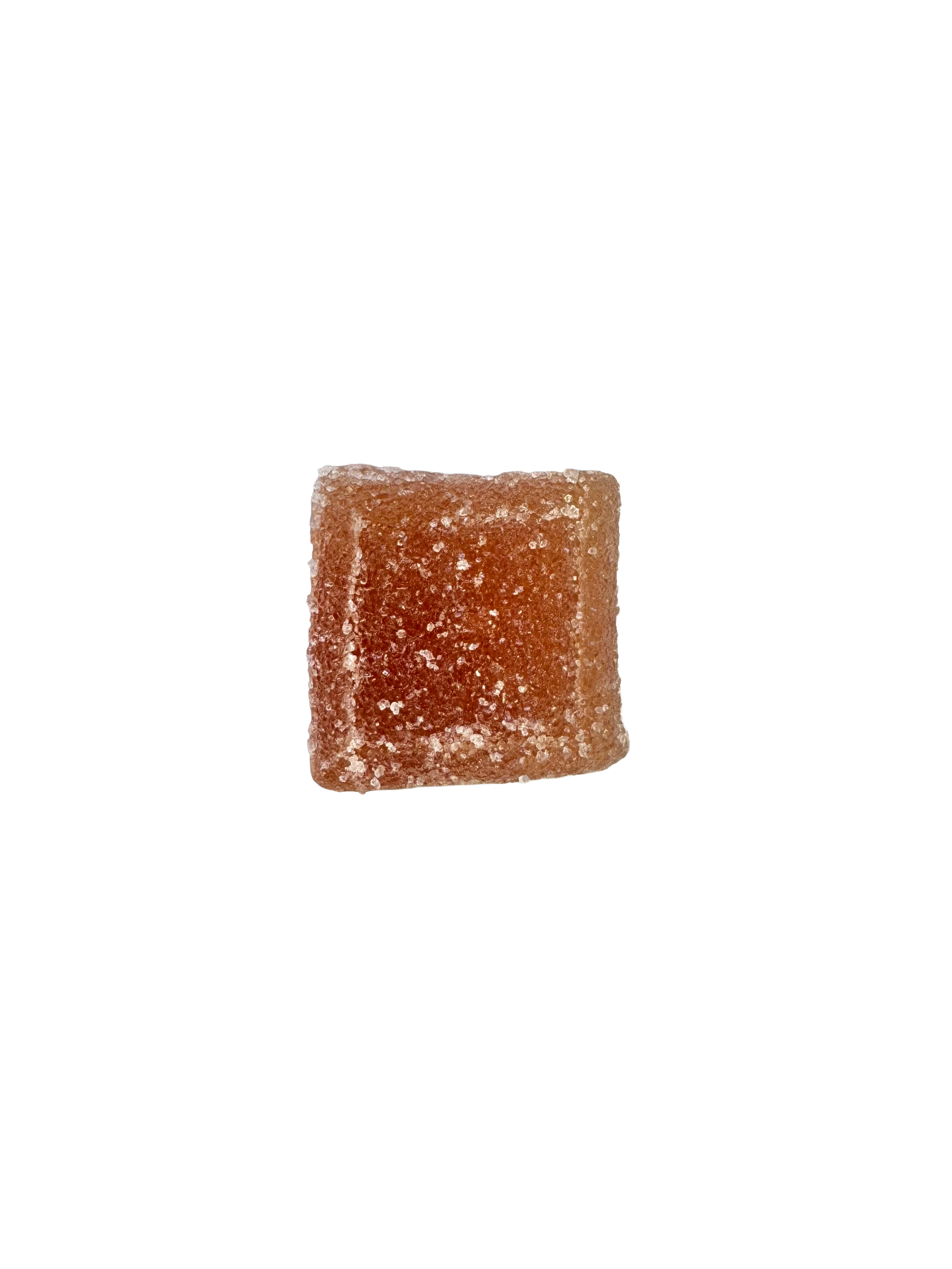A single square piece of jellied gummy with a sugar-coated surface, isolated on a solid white background.
