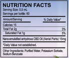 A Nutrition Facts label for a bottle of CBD oil, showing serving size 0.5 mL, 60 servings per bottle, 15 calories, and details for total fat and saturated fat.