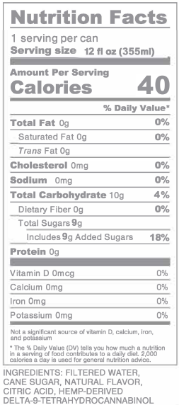 A Nutrition Facts label for a canned product, showing serving size 12 fl oz, calories, and daily value information for total fat, carbohydrates, sodium, and protein, with ingredients listed at the bottom.