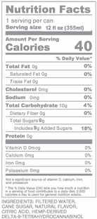 A Nutrition Facts label for a canned product, showing serving size 12 fl oz, calories, and daily value information for total fat, carbohydrates, sodium, and protein, with ingredients listed at the bottom.