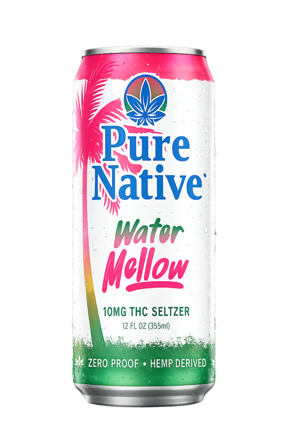 A 12 fl oz can of Pure Native Water Mellow 10mg THC Seltzer. The can features a white background with a pink tropical palm tree graphic, blue brand lettering, and green accents at the bottom.