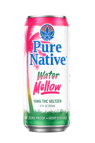 A 12 fl oz can of Pure Native Water Mellow 10mg THC Seltzer. The can features a white background with a pink tropical palm tree graphic, blue brand lettering, and green accents at the bottom.